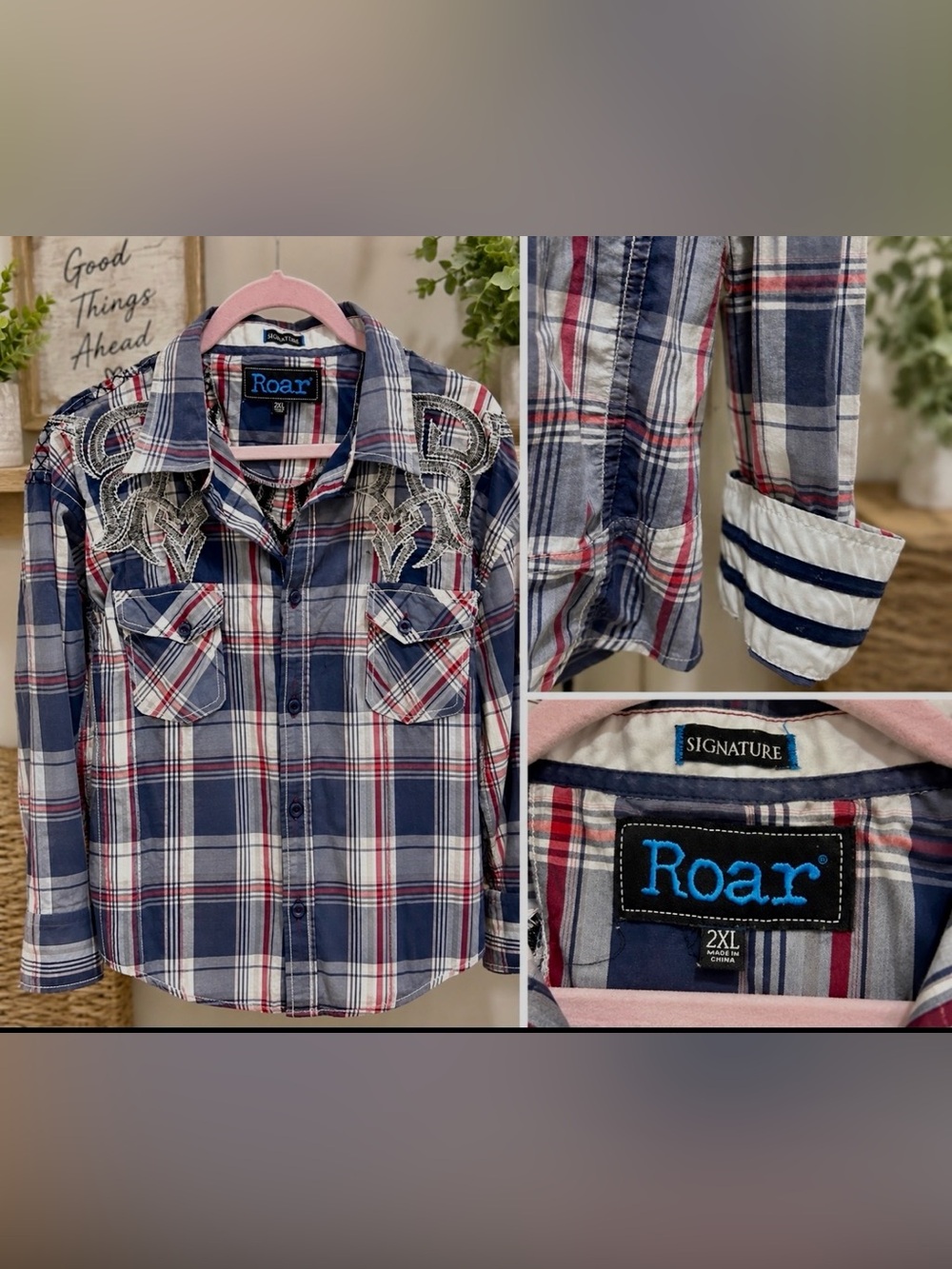 Roar Navy Plaid Button-Down cotton western Shirt with Embroidery men’s 2xl